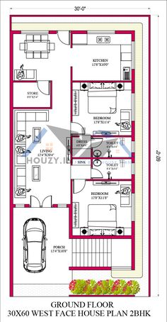 the floor plan for a house with 3 bedroom and 2 bathrooms in india, which is also