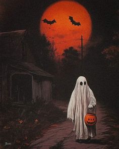 a painting of a ghost carrying a pumpkin