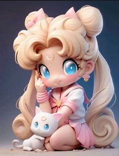 a doll with big blue eyes sitting next to a small white cat on the ground