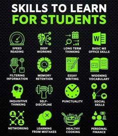 a poster with the words skills to learn for students in neon green on black background