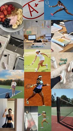 a collage of photos with tennis players and sports equipment in the middle one is holding a racquet