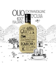 a bottle of olive extra virgin oil next to an illustration of people on the beach