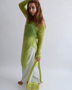 Hello, I'm the one, who won't let you down - lime green mohair tunic. I will comfort you, keep you warm and will make you smile. I'm 100% hand made and proud of that. I consist of 70% italian kid mohair and 30% of nylon, which makes me incredibly natural. I'm quite unique as could be worn all year long. I'm in one size and one size fits all because my measurements are : ❤️ Width -50 cm ❤️ Lengths -86 cm If you would like me in other size, you could request a custom order with your own parameters Oversized Asymmetrical Spring Sweater, Oversized Asymmetrical Sweater For Spring, Long Green Sweater For Fall, Long Green Fall Sweater, Green Mohair Knitted Sweater, Long Green Knit Sweater, Green Fine Knit Sweater For Spring, Lime Green Sweater Outfit, Green Sweater Outfit