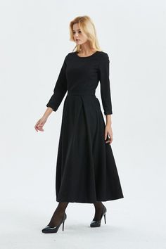 Black wool dress, wool dress, winter dress, womens dress, long wool dress, handmade dress, long wool Winter A-line Pleated Maxi Dress, Fitted Pleated Maxi Dress For Winter, Winter Pleated Dress For Work, Winter Pleated A-line Maxi Dress, Elegant Black Pleated Dress For Fall, Modest Black A-line Dress, Elegant Winter Pleated Maxi Dress, Winter Black A-line Maxi Dress, Black Pleated Dress For Fall