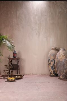 two vases sitting next to each other in front of a wall with a plant