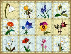 a quilt with different flowers on it and squares in the middle, all made up of them