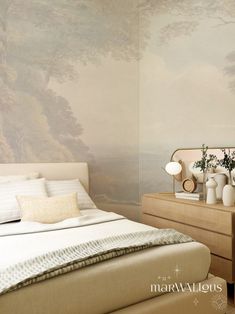 a bedroom with a large painting on the wall next to a bed and nightstands