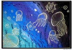 an art project with chalk pastels and watercolors on paper, depicting jellyfish in the ocean