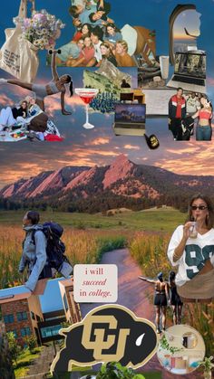 a collage of photos with people and things in the sky, including an image of a woman on a bike