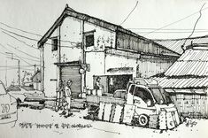 a drawing of a truck parked in front of a building