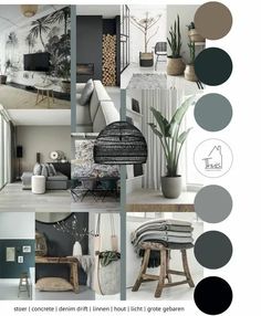 a collage of photos with different furniture and decor items in grey, black, white and beige colors