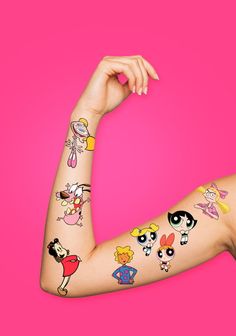 a woman with many tattoos on her arm and arms is posing for the camera in front of a pink background