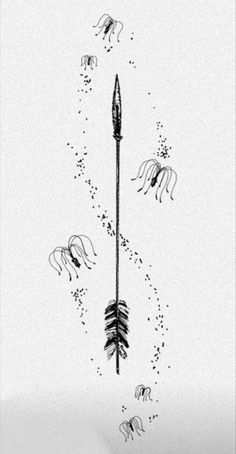 an ink drawing of a long arrow with arrows coming out of it and people flying around