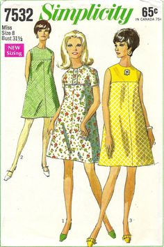 "The collarless dress with yoke has high round neckline and back zipper.  View 1 has short set-in sleeves, lace edging and button trim.  View 2 and 3 are sleeveless.  View 3 has contrasting yoke.  Pattern is uncut, factory folded, complete with instructions.  The envelope has shelf wear.   Dated 1968.  Size: 8  Bust: 31.5\" Waist: 24\" Hips: 33.5\"" 60s Dress Pattern, Maternity Patterns, Vintage Fashion 1960s, Vintage Maternity, Mod Mini Dress, Simplicity Dress, Robes Vintage, Tent Dress, Miss Dress