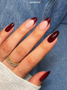 red French tip nails: burgundy Mixed French Tip And Solid Nails, Dark Red Nails With French Tip, Neutral Red Nails, Dark Red Nail French Tip, Short Colour French Nails, Scarlet Nails Design, French Tip And Solid Nails Combo, Almond Nails With Red French Tip, Crimson French Tip Nails