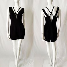 Black mini dress with a plunging v-neckline and back. Strappy caged-like look. Great vintage condition with minimal signs of wear.  -By Andrea Polizzi for Rex Lester -Label size 4, Size Small  -Dry clean only, Shell: Acetate/polyester. Lining: 100% acetate.  Please use the Measurements provided to ensure fit. Measurements are taken with the item laying flat. Measurements:  Length approx 32 1/2" Underarm to underarm 17" Waist 13 1/2"  Hips 18" Black Mini Dress, Modern Fashion, Black Mini, Label Sizes, Dress Clothes For Women, Mini Black Dress, Art Collection, Dress Outfits, Bathing Beauties