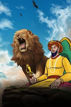 a man sitting on top of a lion next to a bird flying in the sky