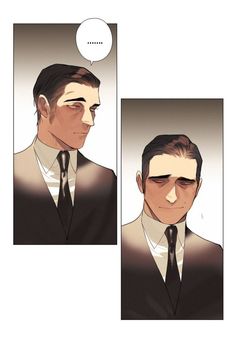 two pictures of a man in a suit and tie with a thought bubble above his head