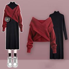 Cross Knit Sweater, Closet Evolution, Stile Hijab, Long Knit Sweater, Knit Sweater Dress, 가을 패션, Kawaii Clothes, Dress Set