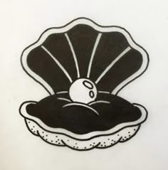 A clam sitting open with black base and top. A white pearl lays inside. Tattoo style. Sea Shell Tattoo Traditional, Traditional Pearl Tattoo, Clam With Pearl Tattoo Traditional, Shell Traditional Tattoo, American Traditional Shell Tattoo, Pearl Tattoo Traditional, American Traditional Seashell Tattoo, Pearl In Clam Tattoo, Clam Sketch