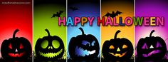 halloween pumpkins and bats with the words happy halloween in front of them on multicolored background