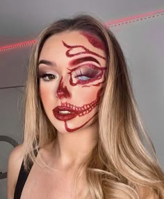 Halloween Makeup For Red Hair, Halloween Inspired Makeup Looks, Diamond Skull Makeup, Fun Halloween Makeup Looks, Haloween Mackup Ideas, Red Halloween Makeup, Face Paint For Halloween, Halloween Makeup Inspo