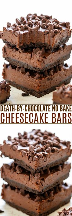 Death by Chocolate No-Bake Cheesecake Bars - Averie Cooks Chocolate No Bake Cheesecake, No Bake Cheesecake Bars, Chocolate No Bake, Chocolate Cheesecake Bars, Candy Creations, Averie Cooks, Easy Chocolate Desserts, Make Ahead Desserts, Dessert Bar Recipe