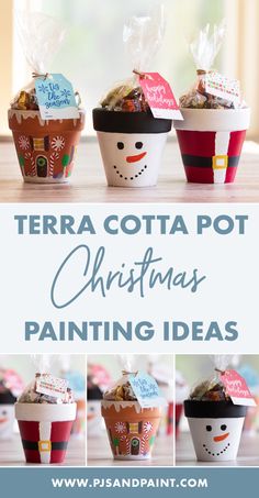 several cups with christmas decorations in them and the words terra cota pot christmas painting ideas