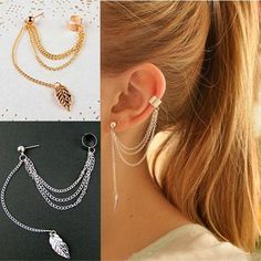 Be edgy and unique with this leaf tassel ear cuff! A simple ear cuff composed of 3 chains from cuff to the stud and one for the leaf tassel. Metals Type: Zinc Alloy.Colors: Silver/Gold. *NOTE: Due to the Chinese New Year Holiday, this item will ship by the end of February 2021. Guaranteed safe check out:PAYPAL | VISA | MASTERCARD Please allow 9 - 24 business days for the item to arrive. Leaf Ear Cuffs, Ear Cuff Jewelry, Tassel Earing, Vintage Clip Earrings, Luxury Earrings, Cuff Jewelry, Ear Cuff Earings, Hanging Earrings, Ear Cuffs