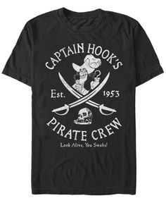 the captain hook's pirate crew t - shirt is black and has two crossed swords on