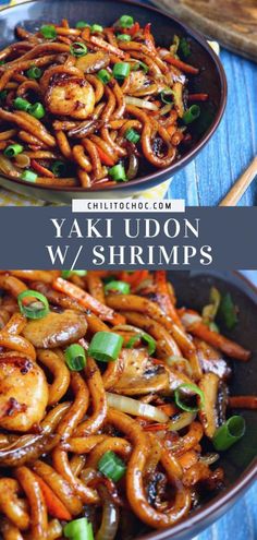 two plates filled with food and the words yak udon w / shrimps