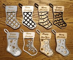 wooden christmas stocking ornament set with merry stockings, snowflakes and stars