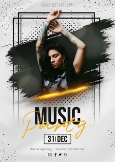 the music party flyer is shown with an image of a woman holding her hands up