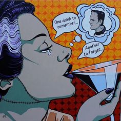 a painting of a woman drinking from a glass with bubbles above her head and an image of a man saying, one drink to remember another to forget