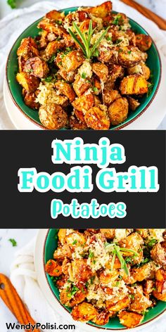 two plates filled with food and the words ninja foodie girl potatoes on top of them