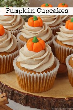 cupcakes with frosting and pumpkin decorations are on a wooden platter for display