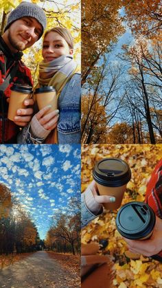 collage of two people holding coffee cups and smiling at the camera with autumn leaves surrounding them