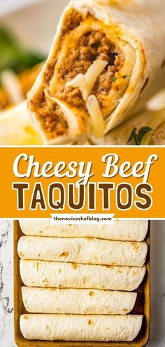 cheesy beef taquitos in a pan with cheese on top and the title overlay reads cheesy beef taquitos