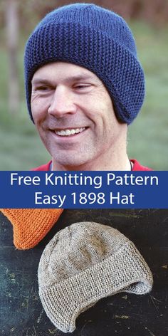 a man wearing a knitted hat and mitten with the text free knitting pattern easy 1989 hat