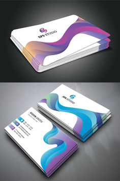 two business cards with different colors and shapes on the front, back and side of each card