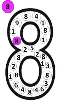 the number eight is shown in pink and black, with numbers below it to be colored