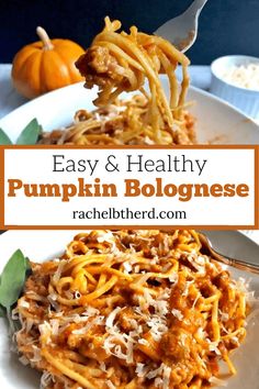 easy and healthy pumpkin bologinese recipe on a white plate with a fork