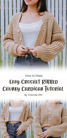 an easy crochet ribbed chunky cardigan sweater pattern with text overlay