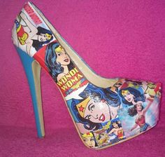 Wonderwoman High Heel Shoes  Now who doesn’t like Wonderwoman? Now you can feel like her at your next party or event in your heels! Superhero Headquarters, Drag Costume, Upcycle Shoes, Chocolate Shoes, Geek Diy