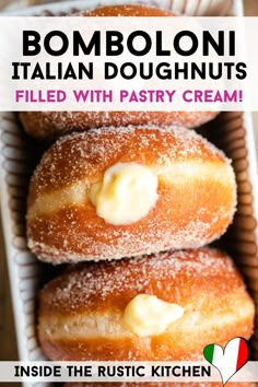 three doughnuts in a box with cream on top and the words, bombonii italian filled doughnuts inside the rustic kitchen