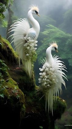 two white birds standing on top of a lush green forest