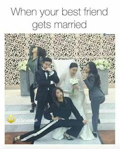 a group of people standing around each other in front of a wedding cake with the caption, when your best friend gets married