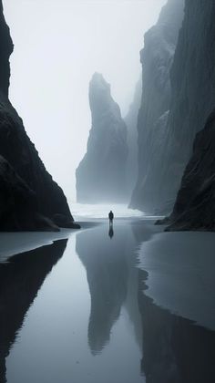 a person standing on the beach in front of some rocks and water with their back to the camera