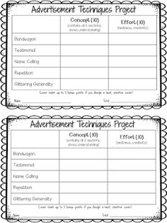 two printable worksheets for the adventure techniques project