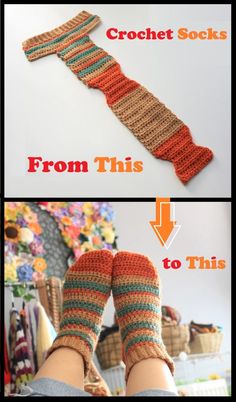 there are two pictures showing how to crochet socks from the bottom and top